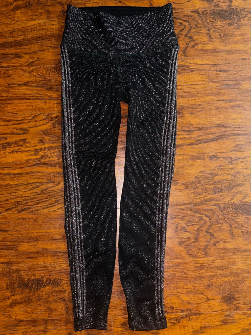 Good American Seamless Side Stripe Leggings Black Silver Metallic Sparkle Tights